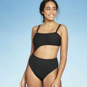NWT Shade & Shore Black Ribbed One Pc Swimsuit with Side Cutout